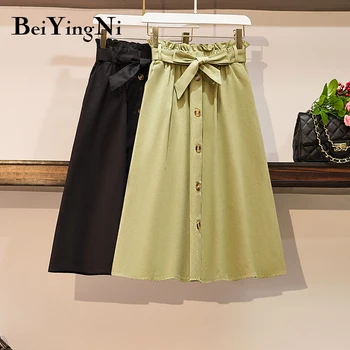 

Beiyingni 2020 Autumn Plus Size Skirts Womens Sashes Bow Buttons High Waist Midi Skirt Vintage Black XL-4XL Vintage Elegant Saia
