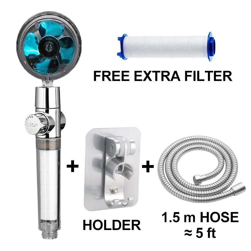 Blue-1 360 Rotated Rainfall with Stop Button and Visualize Turbocharged Blades Propeller Driven Handheld Shower Head High Pressure Water Saving Spray Shower Head