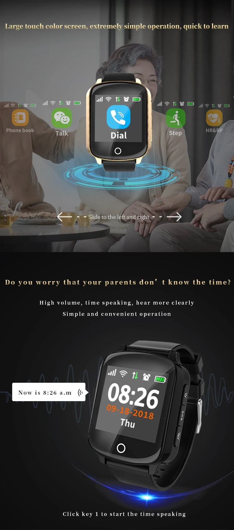 Умные часы D200 для пожилых людей, gps, Wi-Fi, позиционирование, анти-потеря сердечного ритма, кровяное давление, Часы наручные IP68, SOS, два способа вызова, наручные часы
