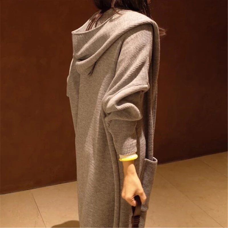 

Autumn New Cardigans Women Outwear Fashion Vintage Solid Pockets Long Knitted Tops Female Oversize Hooded Thin Sweaters