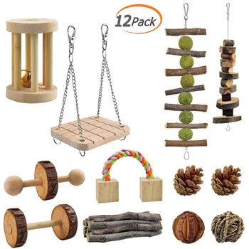

12 Pcs Natural Small Pets Chewable Swing Toys Wooden Hamster Animal Gnawing Teeth Molar Toys Set for Rabbit Hamster