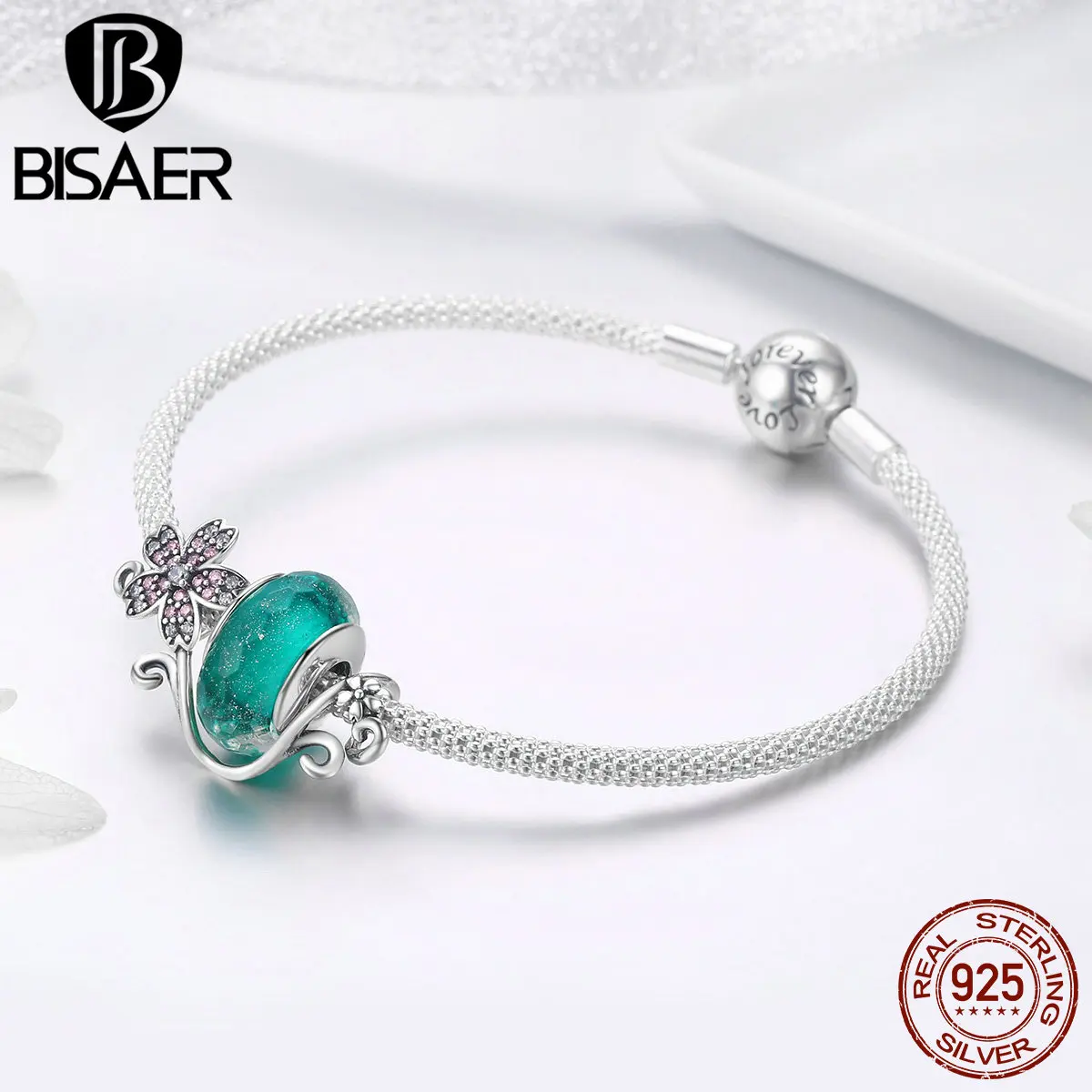 BISAER простой Стерлинговое Серебро 925 зеленый Европейский стеклянный бисер