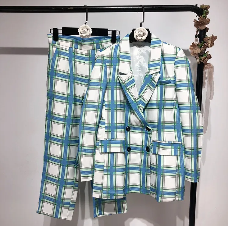 

New Spring Fall Women Retro Long Sleeve Blue Plaid Suit Blazer Coat Casual Jacket + Suit Pants Two-piece Lady Work Wear Pant Set