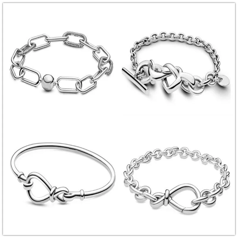 

New Pattern Chunky Infinity Knotted Heart-embellished T-clasp 925 Sterling Silver Pan Bracelet Fit Fine Bangle Bead Charm