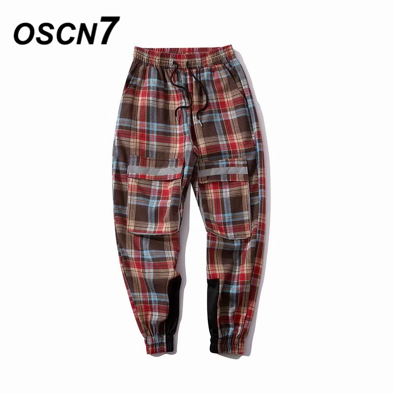 

OSCN7 Loose Plaid Leisure Sweatpants Men 2019 Fashion Streetwear Casual Cotton High Street Patchwork Mens Pants Trousers 131