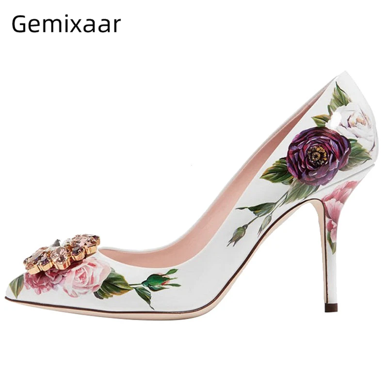 

Sweet Painted Rose Flower Banquet Shoes Woman 10cm Thin Heel Pointed Toe Crystal Buckle Rhinestone Spring Pumps Women