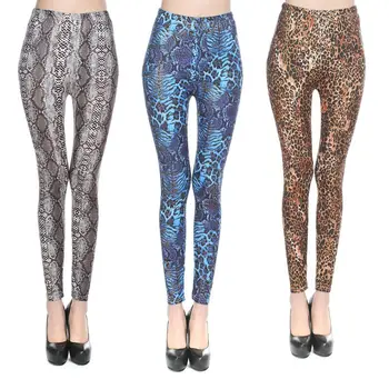 

Women Mid Rise Sexy Leggings Metallic Leopard Snakeskin Digital Printed Slim Ankle-Length Fitness Sport Casual Pants