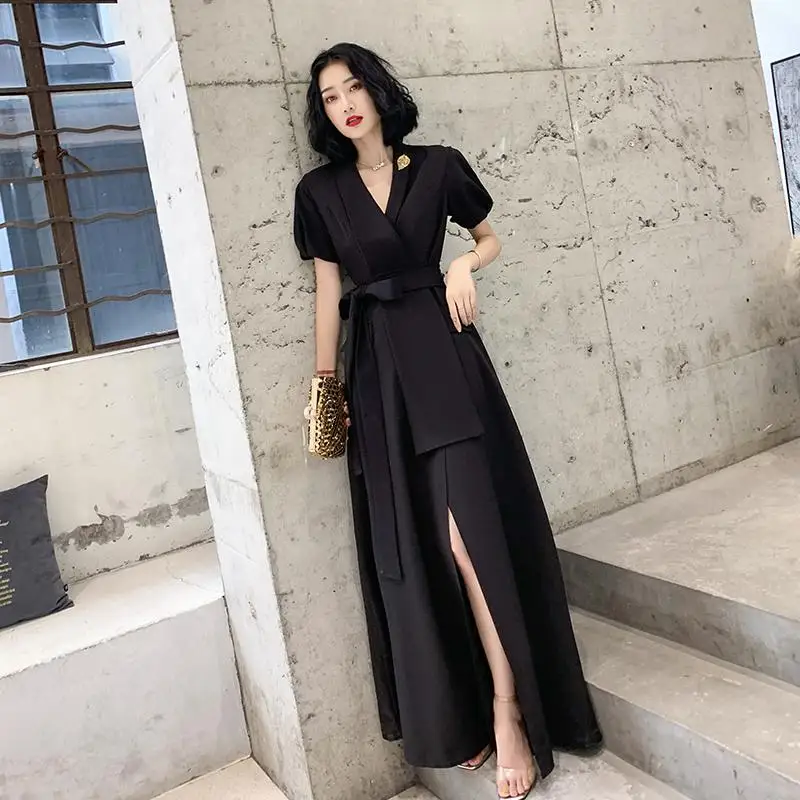 Осеннее новое платье с отложным воротником, Qipao, сексуальные черные вечерние платья для выпускного вечера, элегантное платье с высоким разрезом, тонкое платье с коротким рукавом, Cheongsam Vestidos - Цвет: Style6 Black