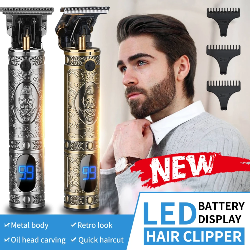 

LCD Cordless Zero Gapped T Blade Hair Trimmer Outliner Salon Clippers USB Rechargeable Barber Beard Shaver For Men Haircut