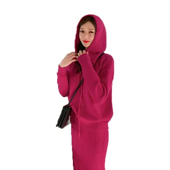 

2 piece sets womens outfits spring and autumn casual knitted hooded top fashion bag hip skirt sweater set two piece women