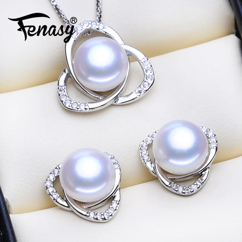 

FENASY Brand 925 Sterling Silver Jewelry Sets Natural Pearl Stud Earrings Vintage Party Pendant Chain Necklaces For Women