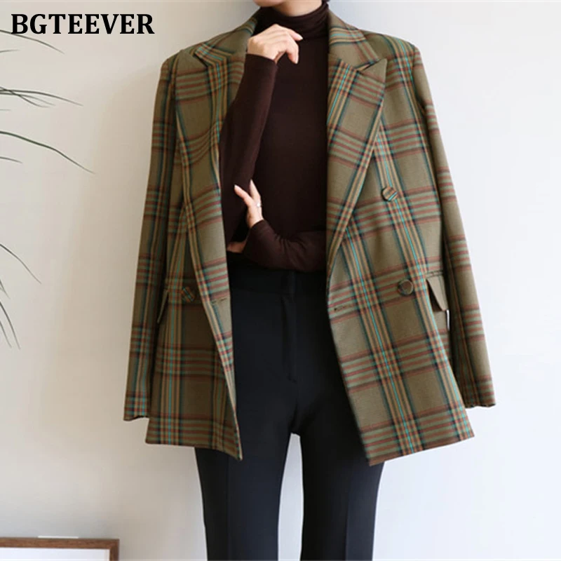 

BGTEEVER Vintage Double-breasted Loose Women Jacket Blazer Elegant Plaid Women Suit Coat Female Outerwear blaser femininas 2019