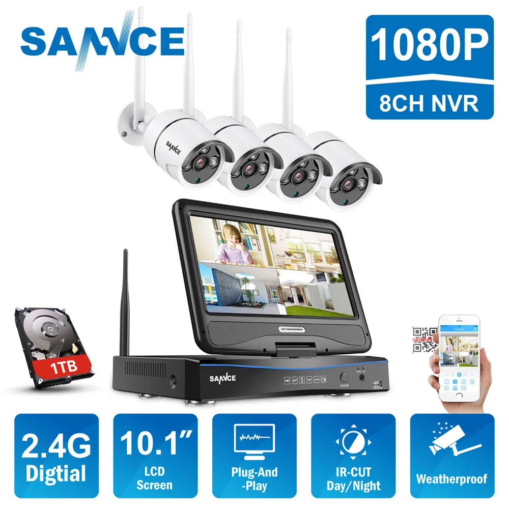 Sannce 2.4 г 10.1 ЖК дисплей 4CH HD Беспроводной 720 P Wi Fi NVR 1500TVL в/Открытый ИК ip камеры