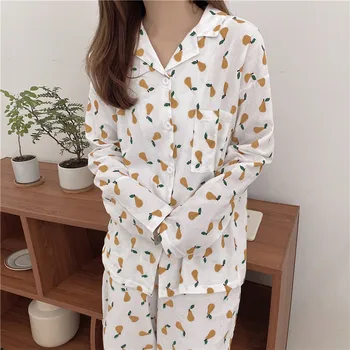 

100% cotton sleepwear suit women pajamas sets spring autumn pear print home clothes ladies long sleeve pants pyjamas crepe Y071