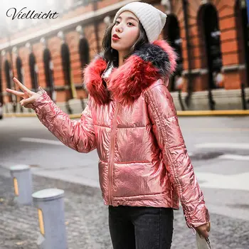 

Vellieicht 2020 Glossy Down Cotton Parka Winter Women Jacket Fur Hooded Winter Warm Thick Short Parka Winter Coat Jacket Women