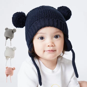 

Warm Ear Caps Children's Cute Infant Baby Hat Double Ball Children's Wool Hat Baby Knitted Winter Elasticity Newborn Beanie Cap