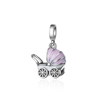 

New Fashion 925 sterling silver Pink Enamel baby car charm Fit Pandora bracelet charm DIY Jewelry for baby gift free shipping