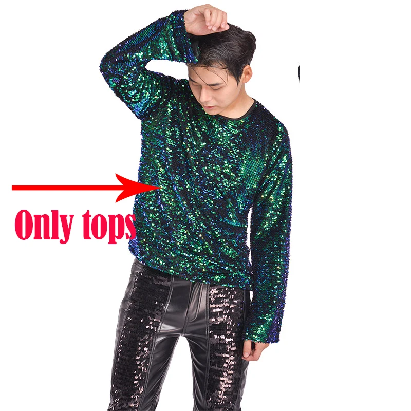 Only tops Концертный рок, Мужская певица, свободная футболка с длинными рукавами, с блестками, для бара, ночного клуба, джаза, танцевальный костюм, для подиума, для выступлений, топ, DWY2732 - Цвет: Only tops