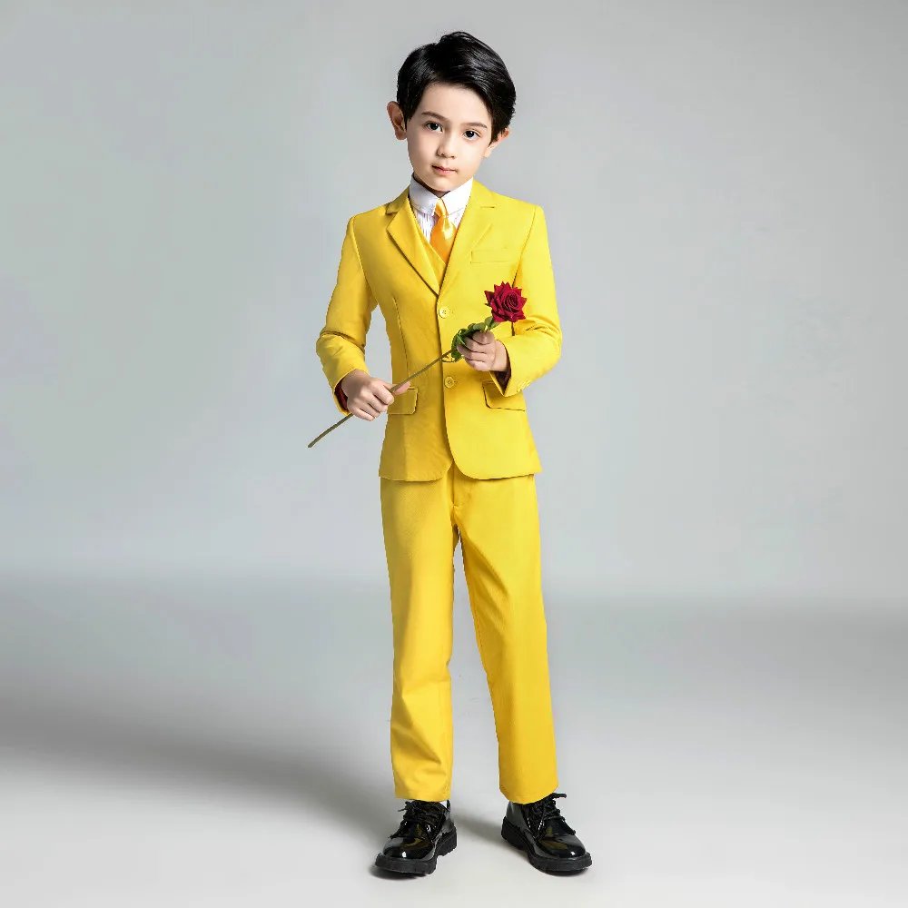 YuanLu, детские костюмы из 3 предметов костюмы для маленьких мальчиков, Свадебный Блейзер/жилет/штаны, торжественные костюмы смокинг для мальчиков, несколько цветов на выбор - Цвет: Yellow-3PCS
