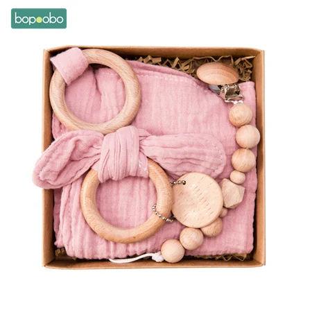 Bopoobo 3 шт./компл. деревянный Прорезыватель с заячьими ушками; деревянные кольца детский нагрудник из хлопка Полотенца DIY деревянная пустышка на цепочке для кормящих детские товары - Цвет: Pink set