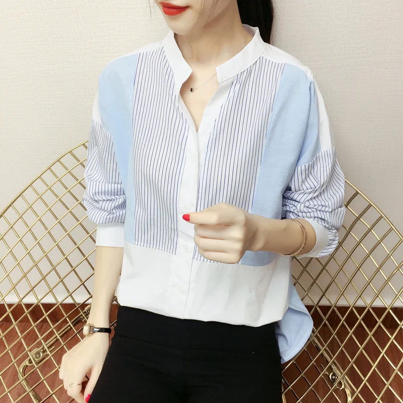 Blusas mujer de moda, женские офисные топы с v-образным вырезом, блузка, женская шифоновая блузка в полоску с длинным рукавом, женские рубашки, женские топы C377