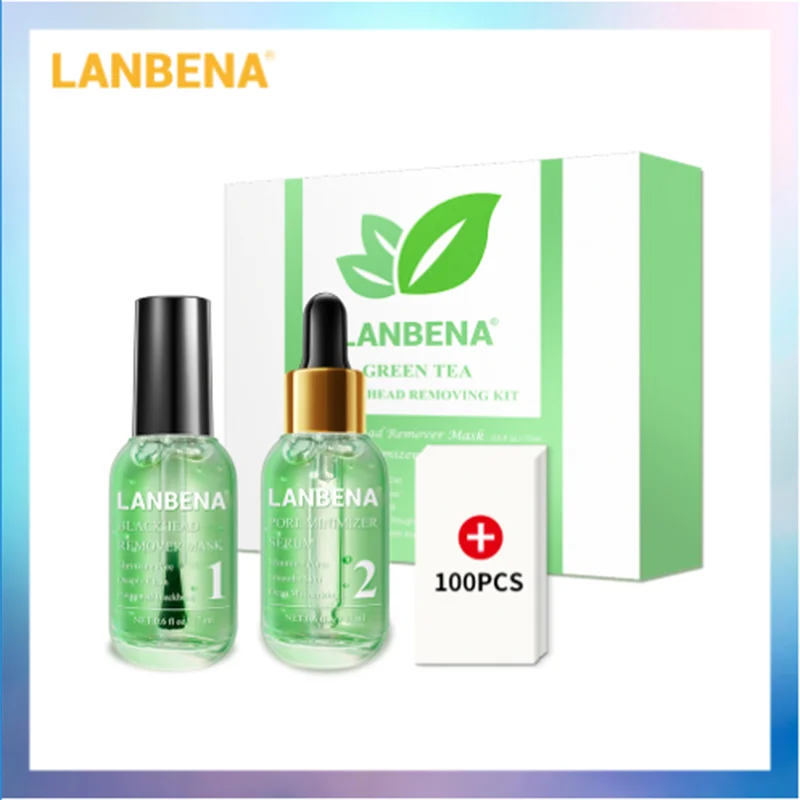 LANBENA, набор для удаления черных точек, Глубокая очистка, маска для уменьшения пор, очищающая от акне, эссенция, красота, уход за кожей, сыворотка для лица, 2 шт