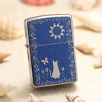 

Genuine Zippo oil lighter copper windproof Cats and flowers Blue cigarette Kerosene lighters Gift With anti-counterfeiting code