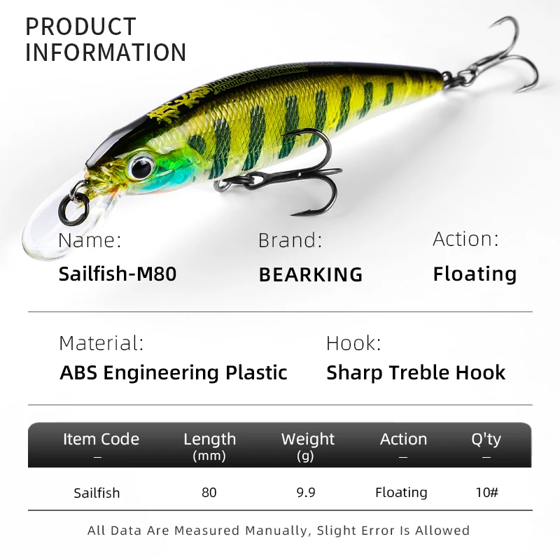 BEARKING new arrival 80mm 10g minnow jerking bait for fishing bass