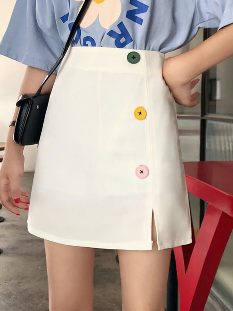 

2019 Summer New Style Korean-style Versatile Casual Loose-Fit Button Skirt Slit Hemline at Hem A- line Skirt-Style WOMEN'S Dress