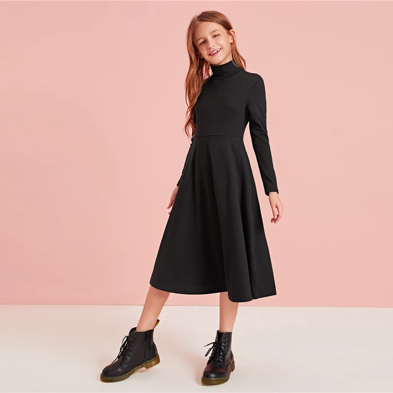 SHEIN Kiddie/однотонное повседневное расклешенное платье с высокой горловиной для детей г. Осенние платья средней длины с высокой талией и длинными рукавами трапециевидной формы для подростков