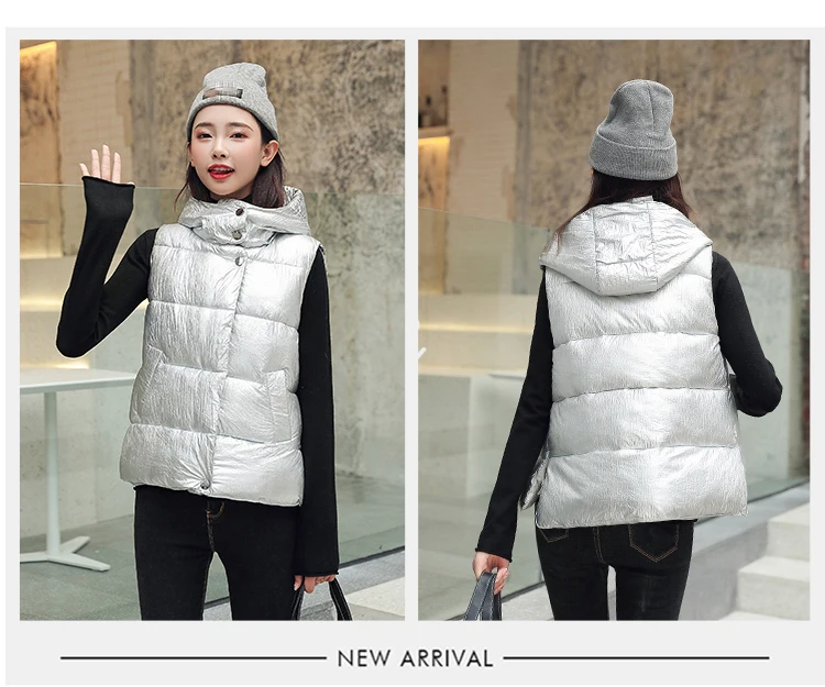 Women Vest Winter Korean Fashion Short Glossy Down Cotton Padded Vests Coat Casual Hooded Sleeveless Jacket Waistcoat