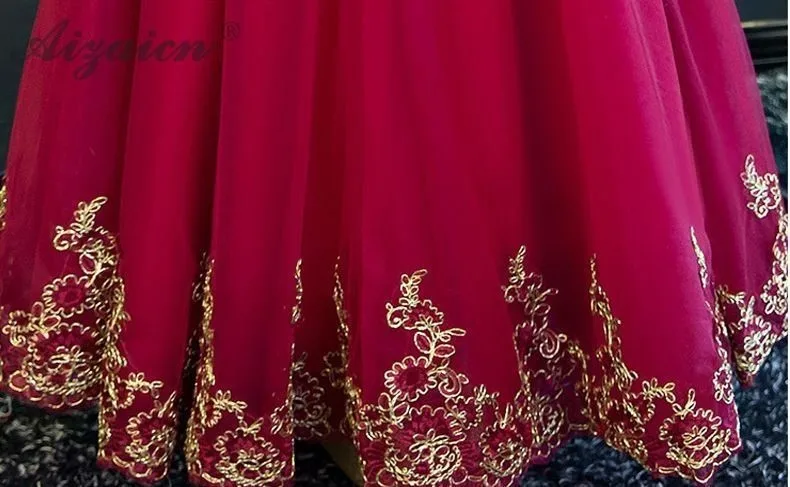 Красное вино кружево принцесса Пряжа юбка девушки день рождения Cheongsam хост Длинные платья цветок ребенок Qi Pao китайское традиционное