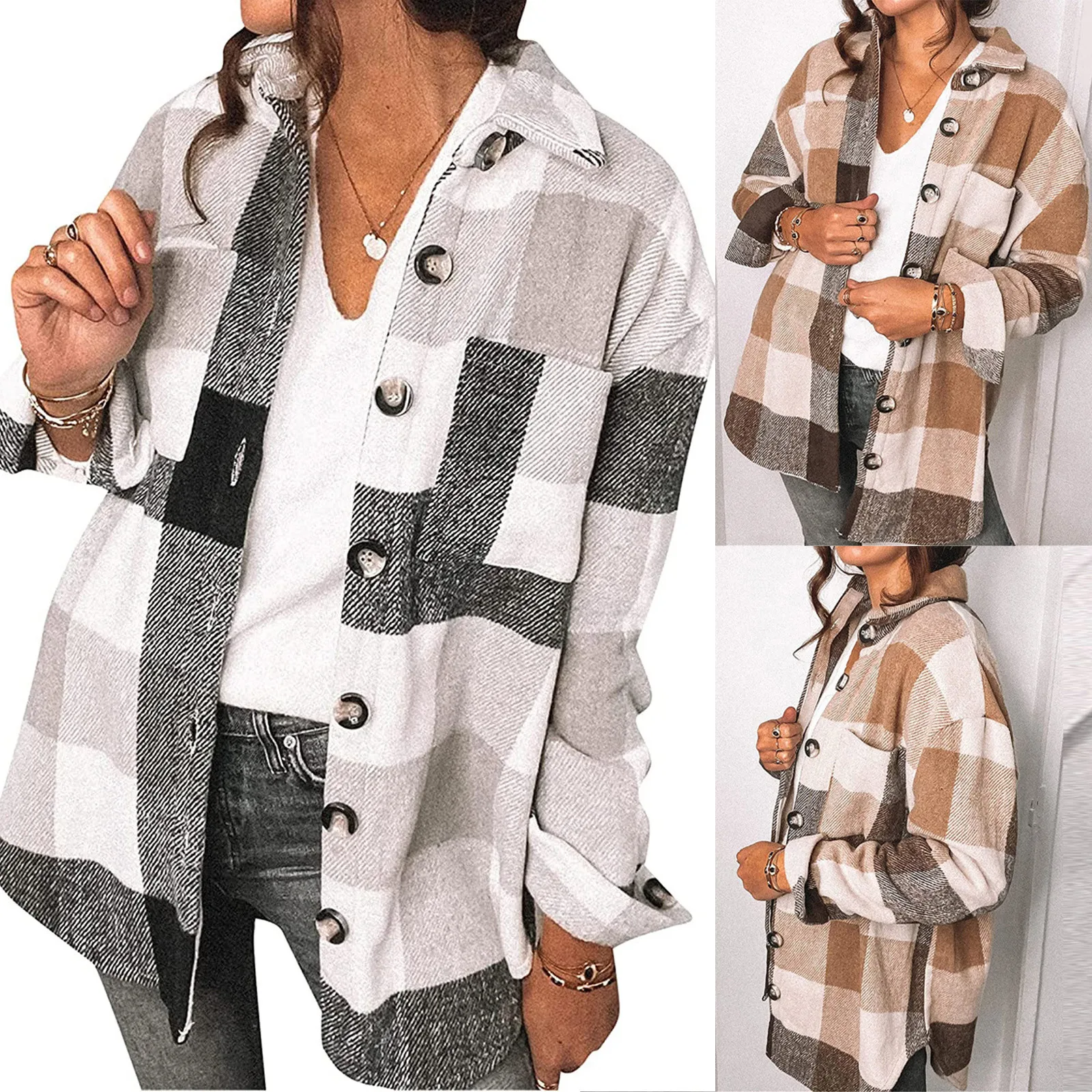 

Womens Color Block Plaid Shirts Autumn Single-breasted Down Flannel Cardigan Casual Long Sleeve Pockets Blouse Tops Coat
