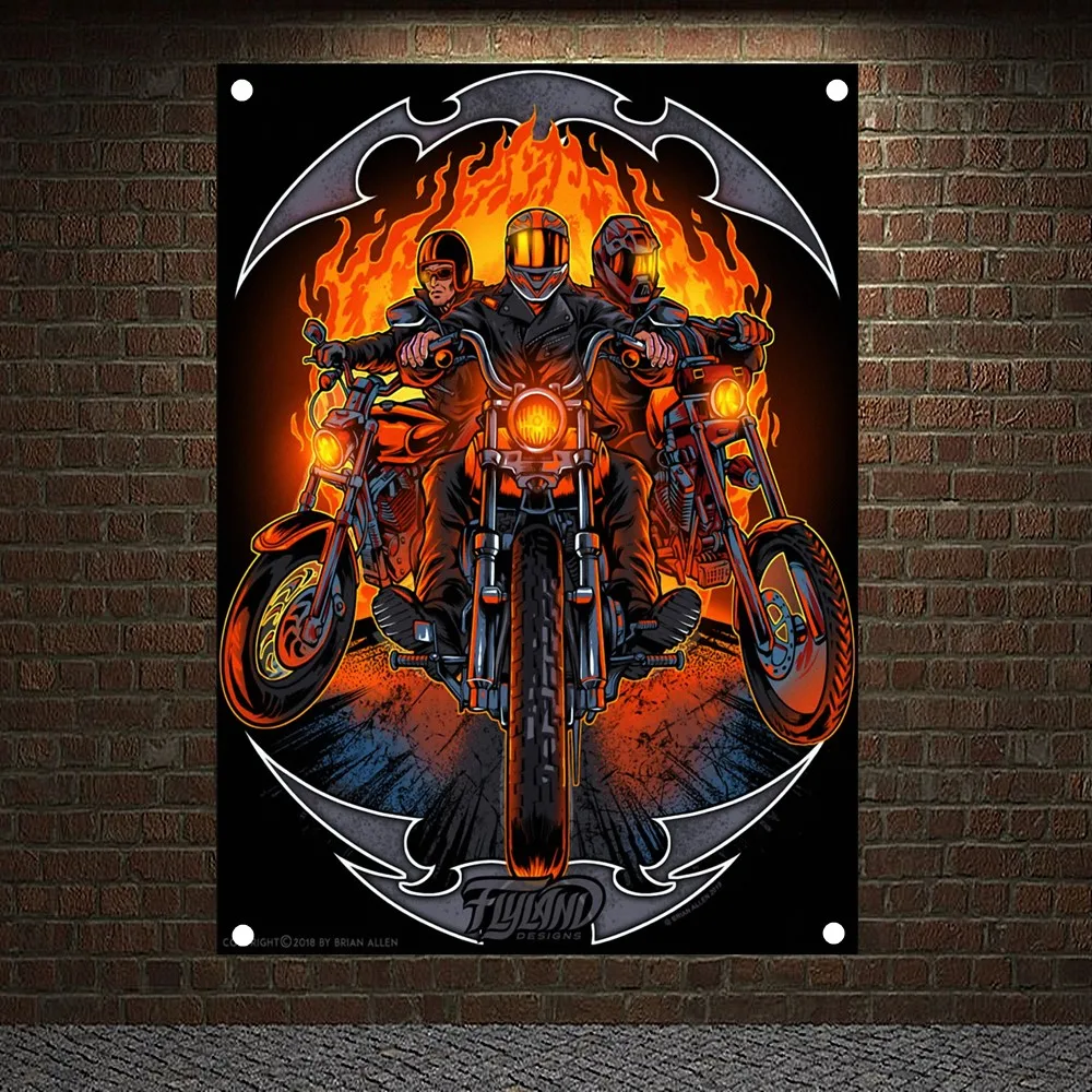 

Retro Motorcycle Riders Road Race Motor Car Banners Flag Wall Art American Poster Garage Canvas Painting Pub Bar Home Wall Decor