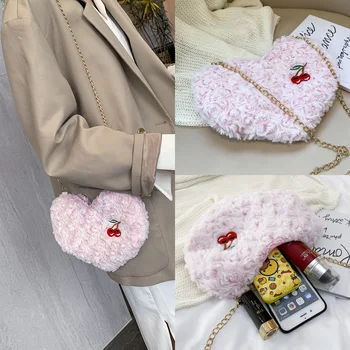 

Plush Bag Women's 2019 Shoulder Shoulder Bag INS Online Celebrity Lace Embroidered Cherry Bag with Chain Heart Shoulder Bag