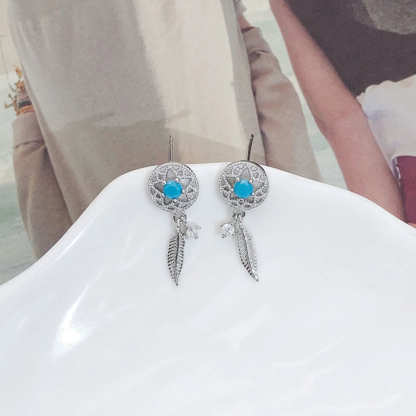 dreamcatcher blue Tur-quoise earrings woman 100% 925 Sterling silver Jewelry fashion Hypoallergenic Stud earrings for women gift