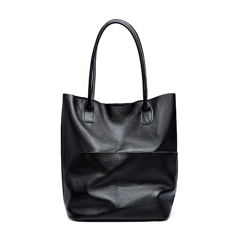 New Women Deluxe Genuine Cowhide Leather Totes Handbag Lady Simple Soft Satchels Bag High Capacity Waterproof Shopping Bags - Цвет: Черный