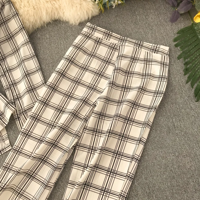 Neploe Temperament Office Work Style 2 Pcs Women Set Slim Waist Plaid Irregular Blazer+ High Waist Hip Horn Trousers Autumn47334