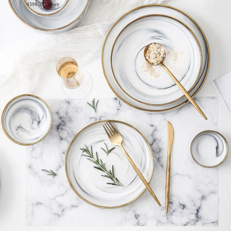 

Nordic tableware Western steak plate ceramic marble texture Phnom Penh rice bowl set home salad bowl deep dish 1PCS