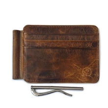 Genuine Leather Money Clip Vintage Designer Men's Thin Wallet with 12 Card Slots Slim Purses for Man