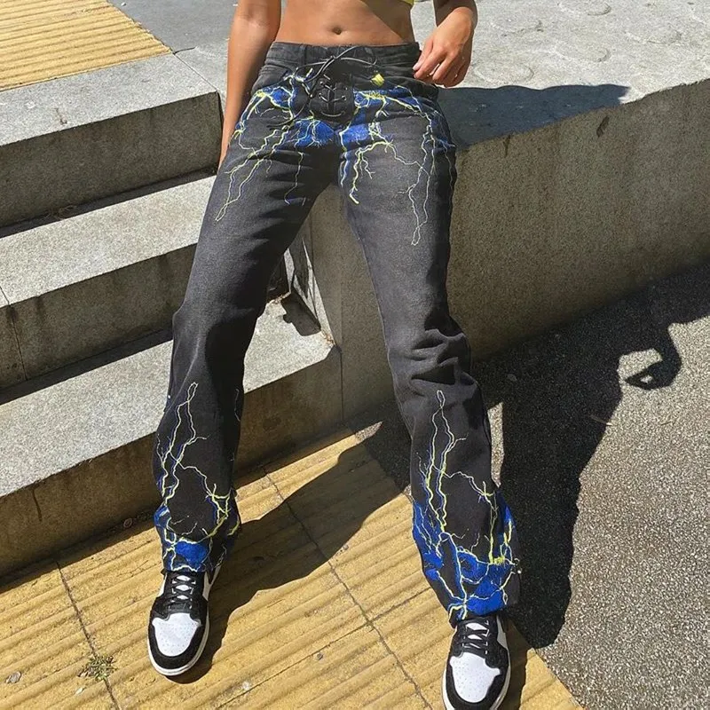SEASONS Lightning Printed Women Jeans Fashion High Waist Buttons Fly Denim Pants Capris Gothic Straight Jean Trousers ASNPA81702 SEASONS Lightning Printed Women Jeans Fashion High Waist Buttons Fly Denim Pants Capris Gothic Straight Jean Trousers ASNPA81702