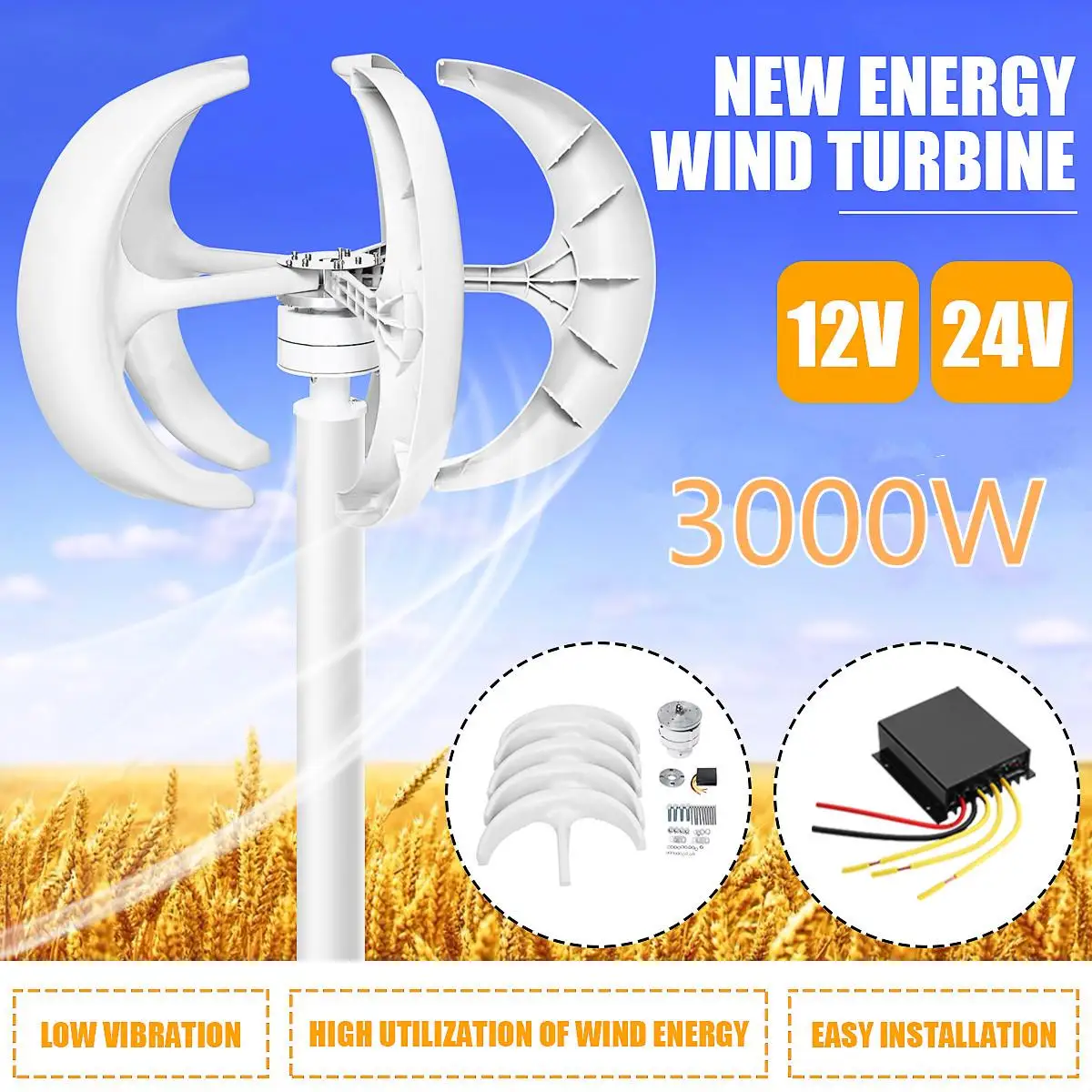 

3000W Vertical Axis Wind Turbines Generator Lantern 12V 24V 5 Blades Motor Kit For Home Hybrid Streetlight Use Electromagnetic