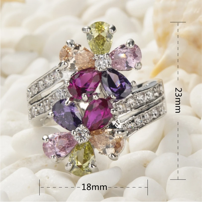 SHUNXUNZE Engagement Wedding rings for women Flower Pink Purple Morganite Peridot Cubic Zirconia Rhodium Plated R504 size 6 - 13