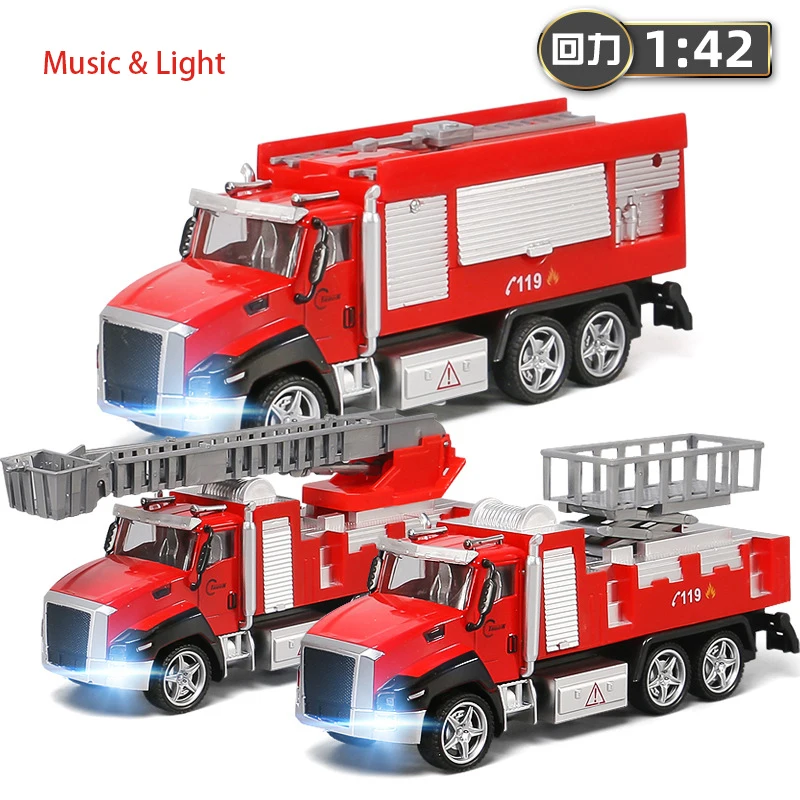 1:42 Simulation 21cm Rescue Fire Truck Alloy Diecasts Vehicle Music Light Pull Back Spray Water Car Model Toy Gift for Boys Y163 30 style fire rescue truck model 1 64 scale pull back alloy diecasts