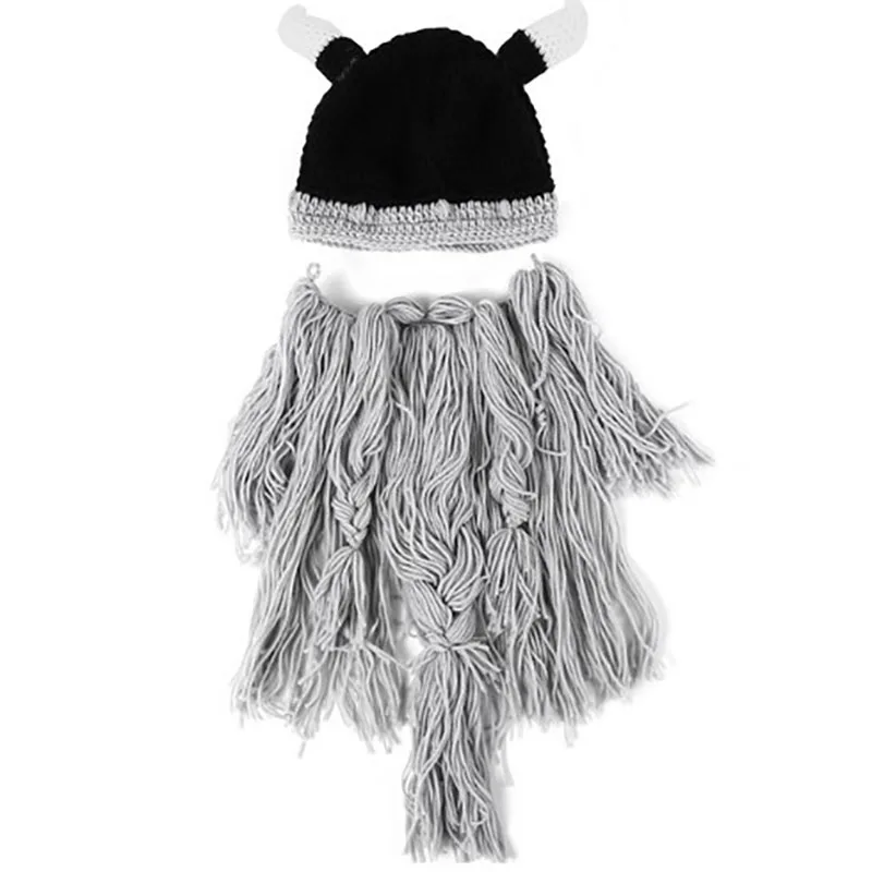 Dilidala Funny Handmade Knitted Hat Long Beard Viking Hat Woolen Bearded Pirate Horn Cap Halloween Winter Hats For Men - Цвет: Gray