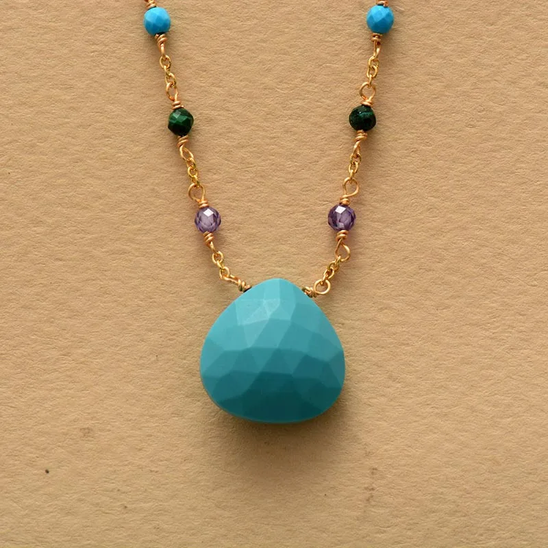 Simple Natural Stones Turquoises Pendant Necklace Women Exquisite Teardrop Beaded Choker Necklace OL Jewelry Gifts Wholesale