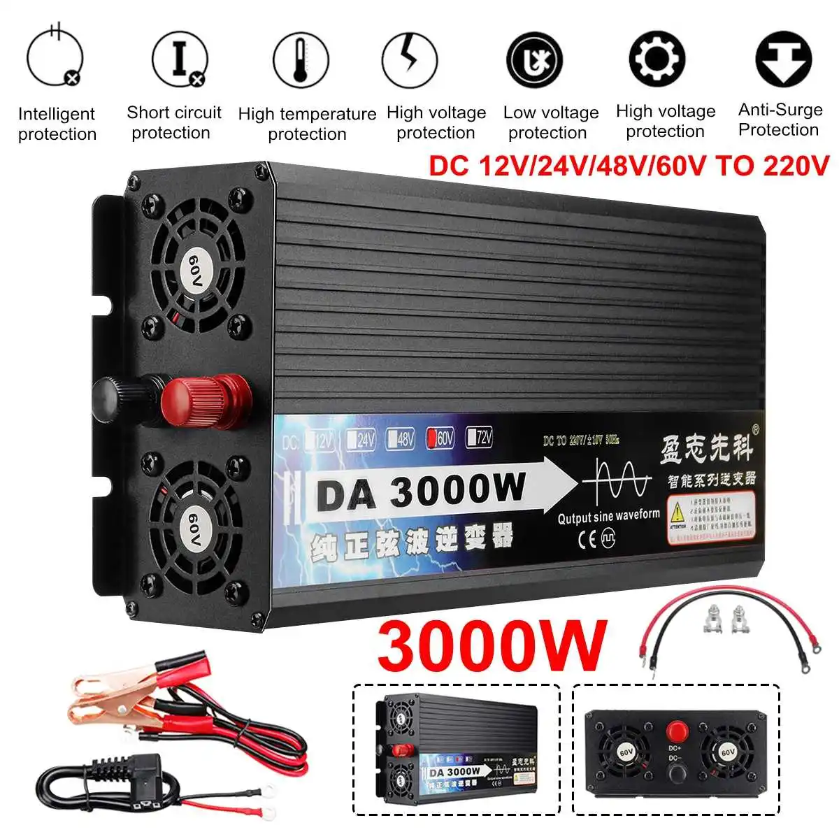 

Inverter 12V/24V/48/60V To AC 220V 50HZ 3000w Voltage transformer Power Converter Solar For Car Inverter Househol DTY