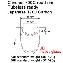 Японский T700 Карбон ширина: 30 мм Глубина: 32 мм Clincher 700C дорожный обод бескамерные готовые PRO-Serie передние 24H и задние 28H