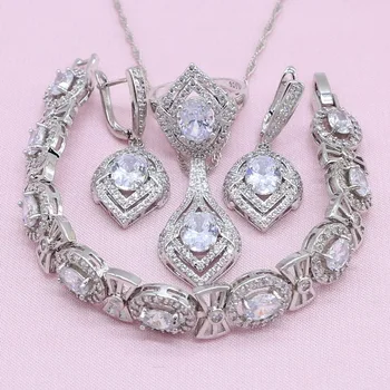 

New Arrivals Silver Color Wedding Jewelry Sets For Women White Crystal Exquisite Earrings Bracelet Pendant Necklace Ring