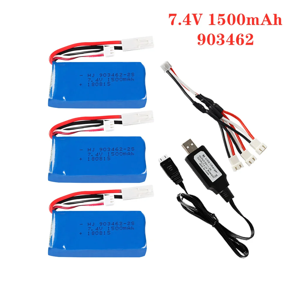 

7.4V 1500mAh Lipo Battery With USB 3IN1 Charger Set For FT009 RC Boat 12428 144001 Battery Lipo 903462 2S EL-2P PLUG